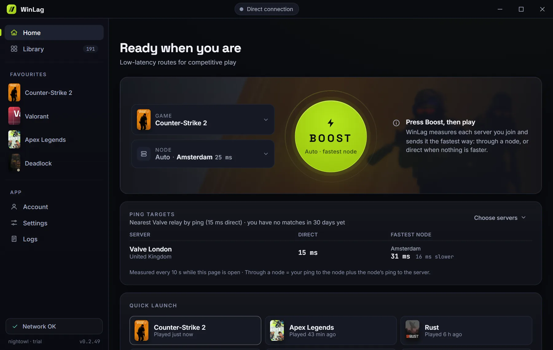 WinLag home screen: game and node pickers, the Boost button and a table of pings to servers